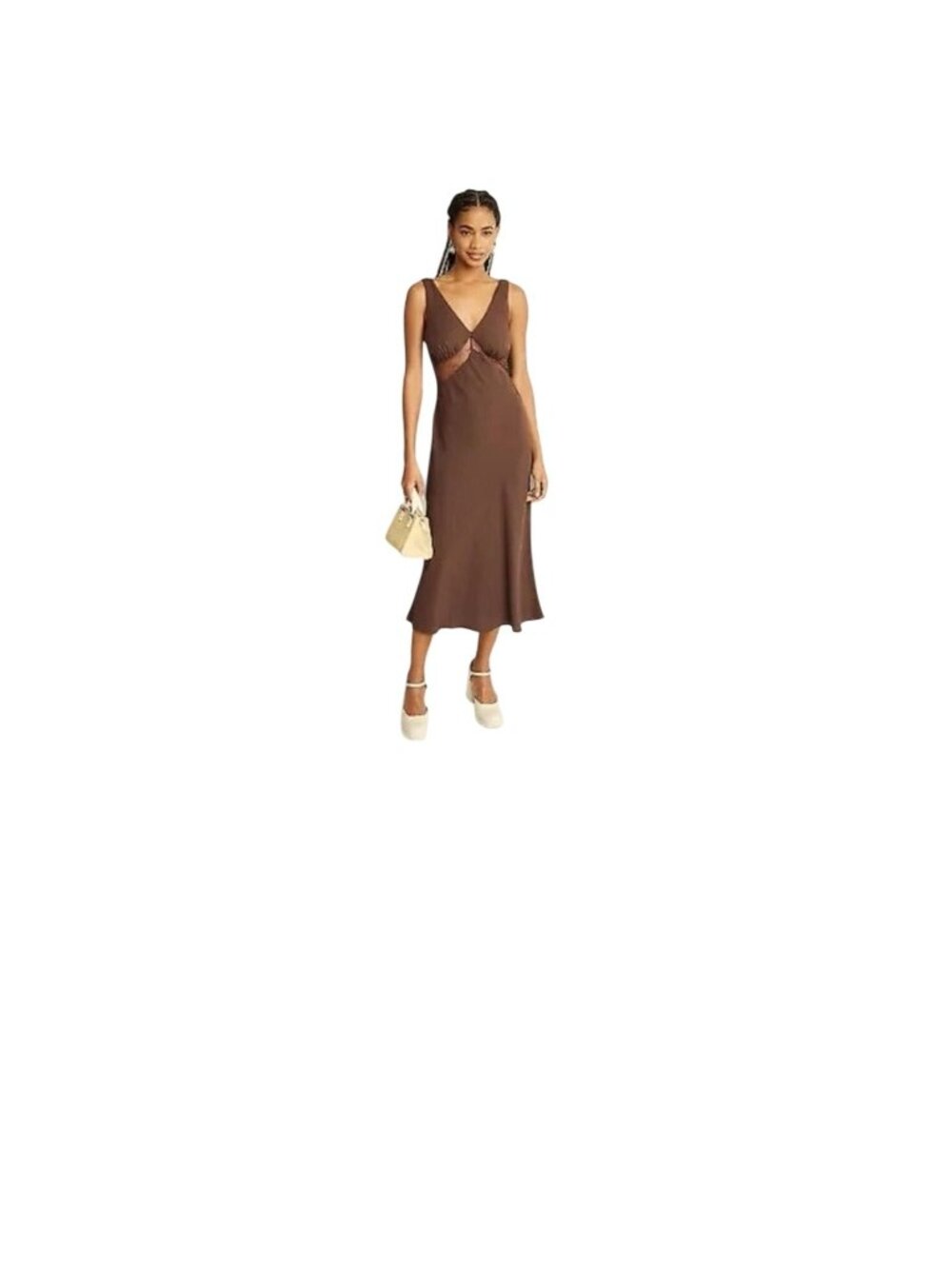 New Wild Fable Brown Lace Trim Maxi Dress Plunging V-Neckline Sheer Mesh M - Picture 1 of 15